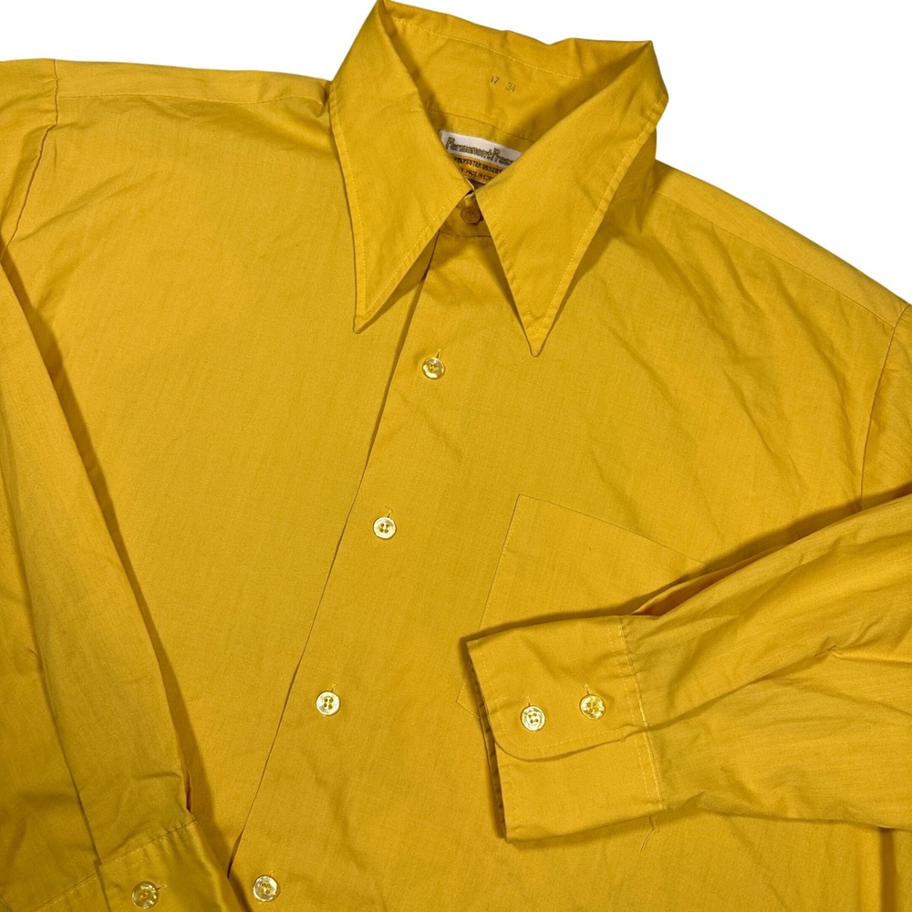 Vintage 70s Permanent Press Mustard Yellow Dagger Collar Button Up Men's 17 34